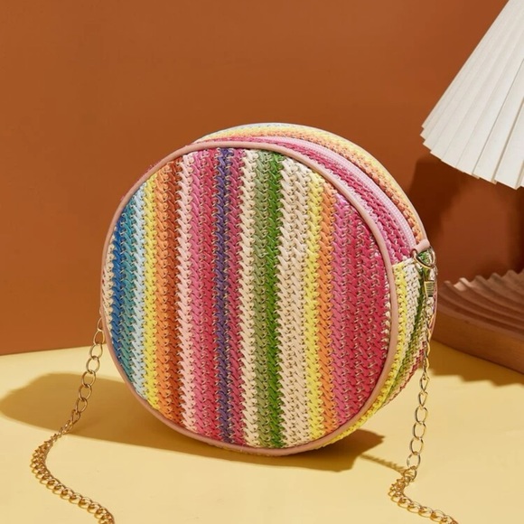 Mini Rainbow Striped Pattern Chain Straw Bag - Picture 3 of 5